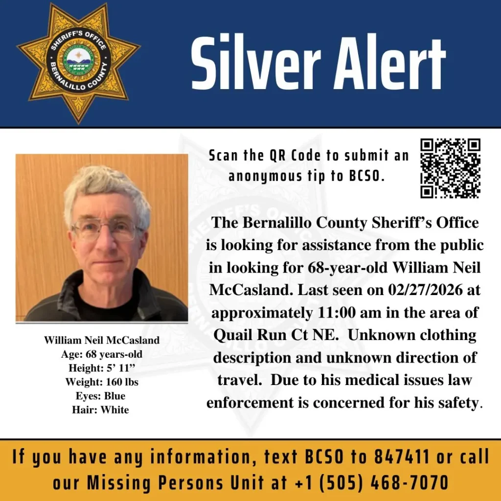 Cartel Silver Alert por la desparición del General William Neil McCasland