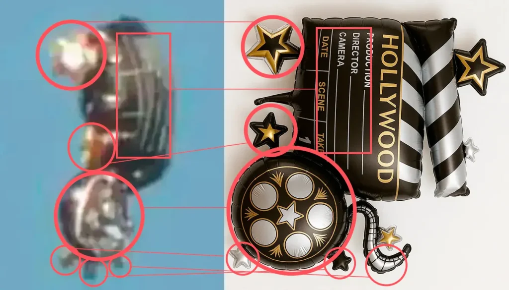Comparativa de elementos entre la fotografía original, a la izquierda y el globo mylar a la derecha. Comparativa de elementos entre la fotografía original, a la izquierda y el globo mylar a la derecha.